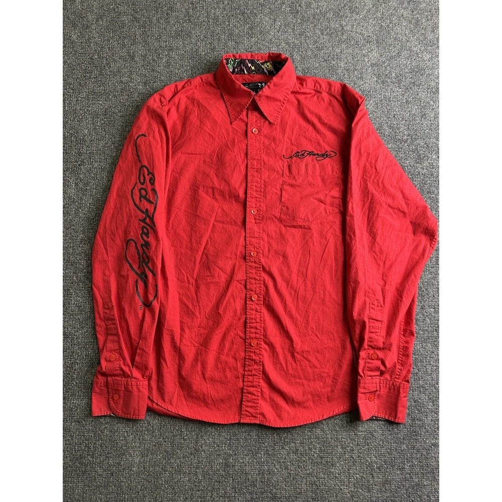 Mens Ed Hardy Button Up Shirt Red Embroidered Logo Graphic, Size L